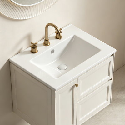 Lavabo vasque de salle de bain 24 po, comptoir de meuble-lavabo en céramique sans drain pratique pour ranger des objets personnels - blanc brillant - 3 trous