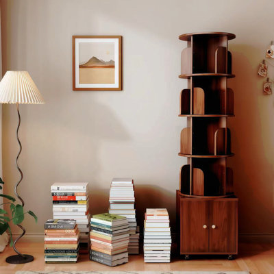 Bibliothèque rotative, bibliothèque d'angle à 5 niveaux à 360 degrés avec tiroir pour petit espace, étagère de rangement sur pied, étagère en bois étroite pour la chambre à coucher, le salon
