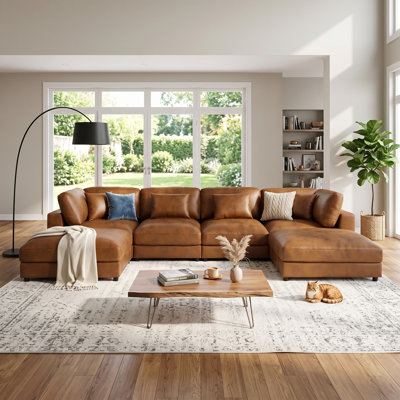 144" Modern Traditional Caramel Faux Leather Modular Sectional Sofa Set with Removable Cushions, Pet-Friendly & Tool-Free Assembly