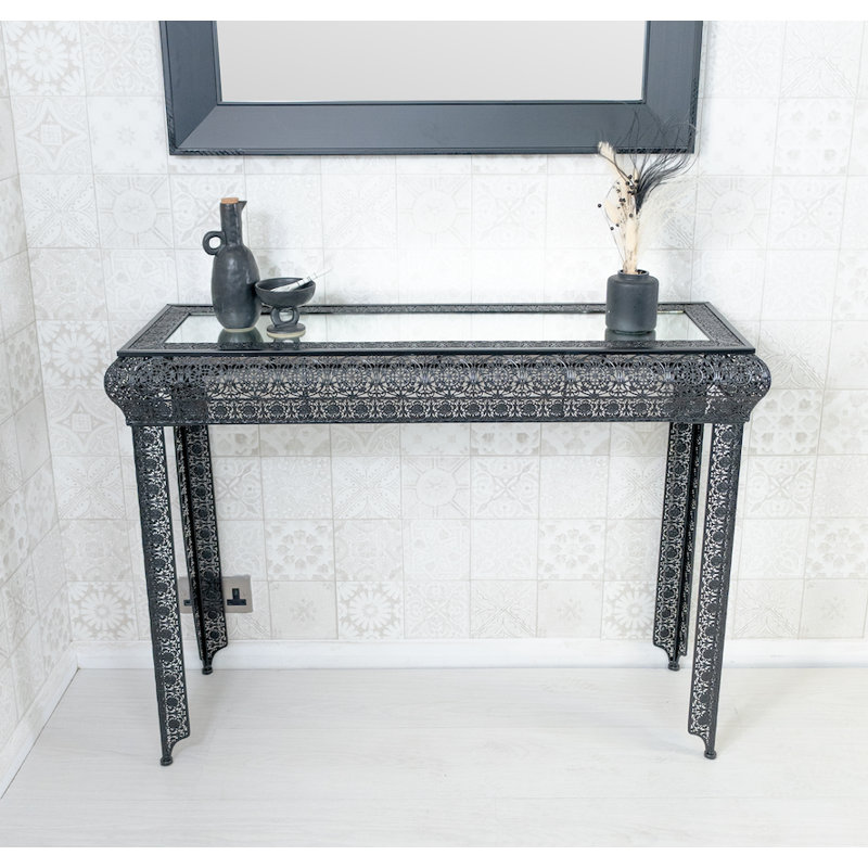 Onaga Embossed Metal & Glass Moroccan Style Console Table, Black