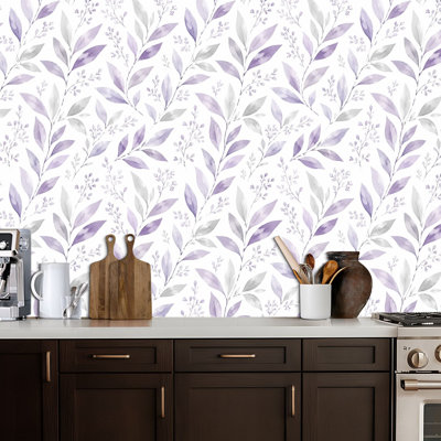 Peel and Stick Wallpaper Delicate Purple Watercolor Leaves White Contact Paper Removable Self Adhesive Wall Mural Wall Decor for Bedroom Kitchen Cabinets 17.7in x 118in