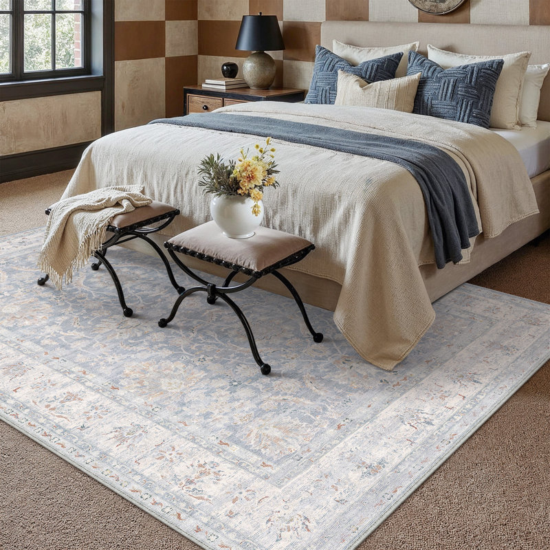Quinn Vintage Washable Area Rug With Non-Slip Backing, Blue, Rectangle 8' x 10'