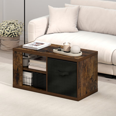 Table basse Samual, table d'appoint avec tablettes ouvertes et bac de rangement, pin ambre