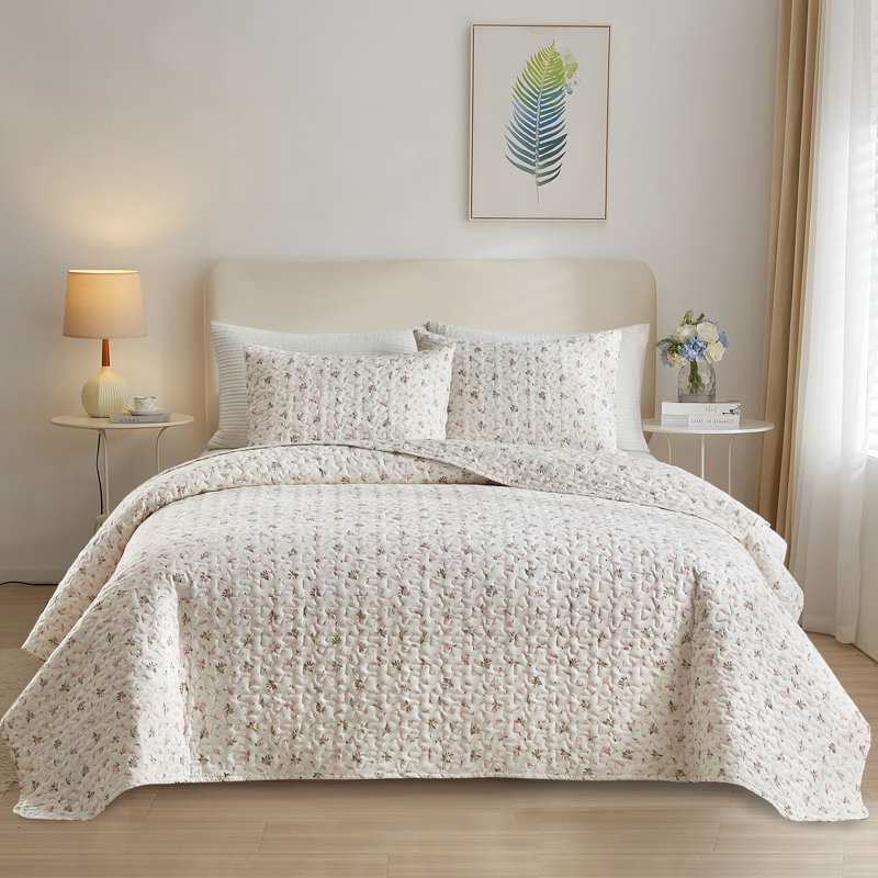 Ensemble de courtepointe 3 pièces toutes saisons en microfibre Cottagecore, Floral beige