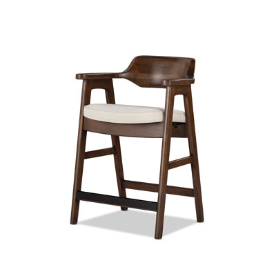 Tabouret de bar Hayes de 91 cm de haut, en pin recyclé rembourré, brun foncé, chenille beige clair douce couleur lin