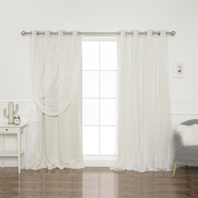 Jenifer Tulle Overlay Star Cutout Solid Room-Darkening Grommet Curtain Panels, 52" W x 63" L, Biscuit