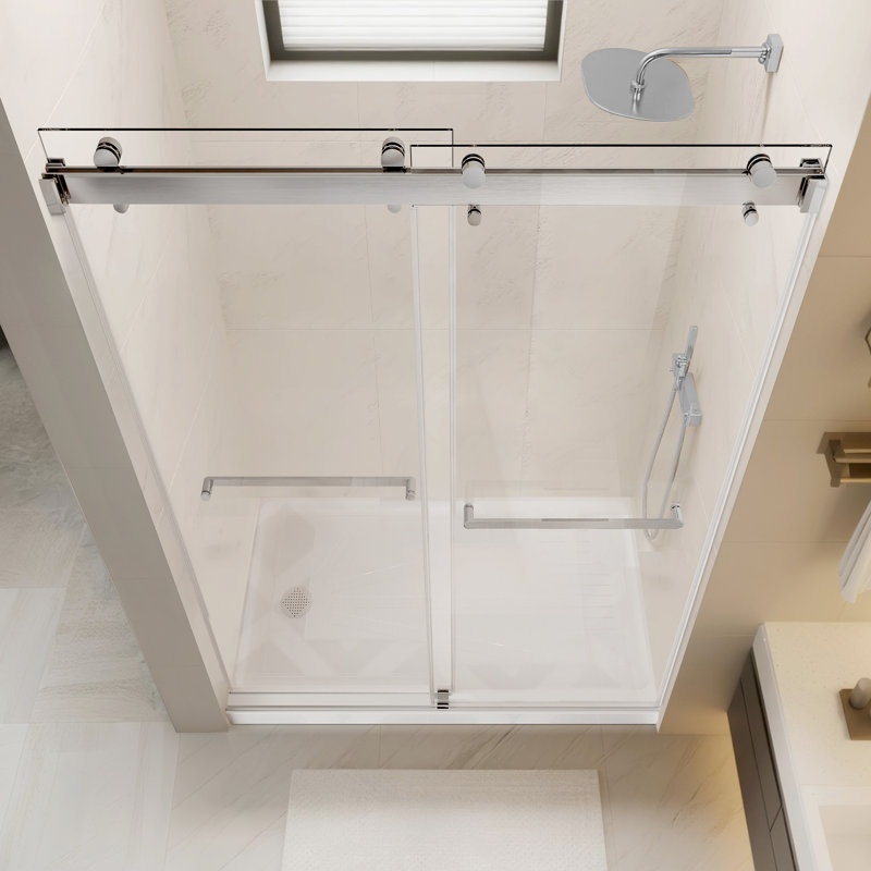 Porte de douche coulissante l 48 po x H 76 po, verre trempé de 3/8 po (10 mm), rail en acier inoxydable, glissement en douceur avec tampon, plage réglable de 4 po, installation à gauche / droite