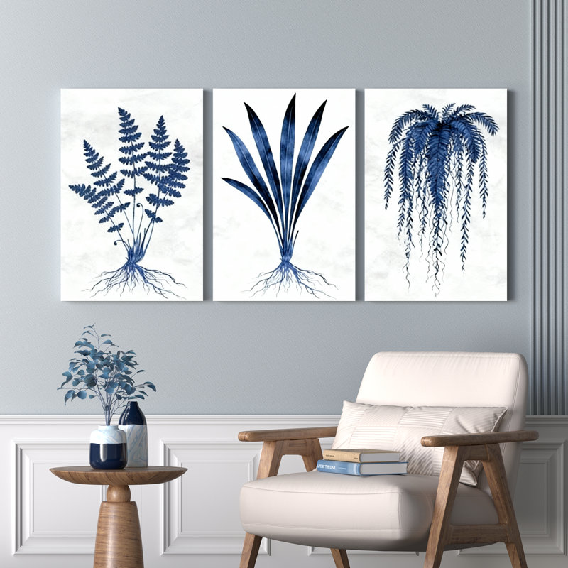 Toile murale tendue représentant une fougère et des plantes botaniques bleues (lot de 3), H 36 po x l 72 po