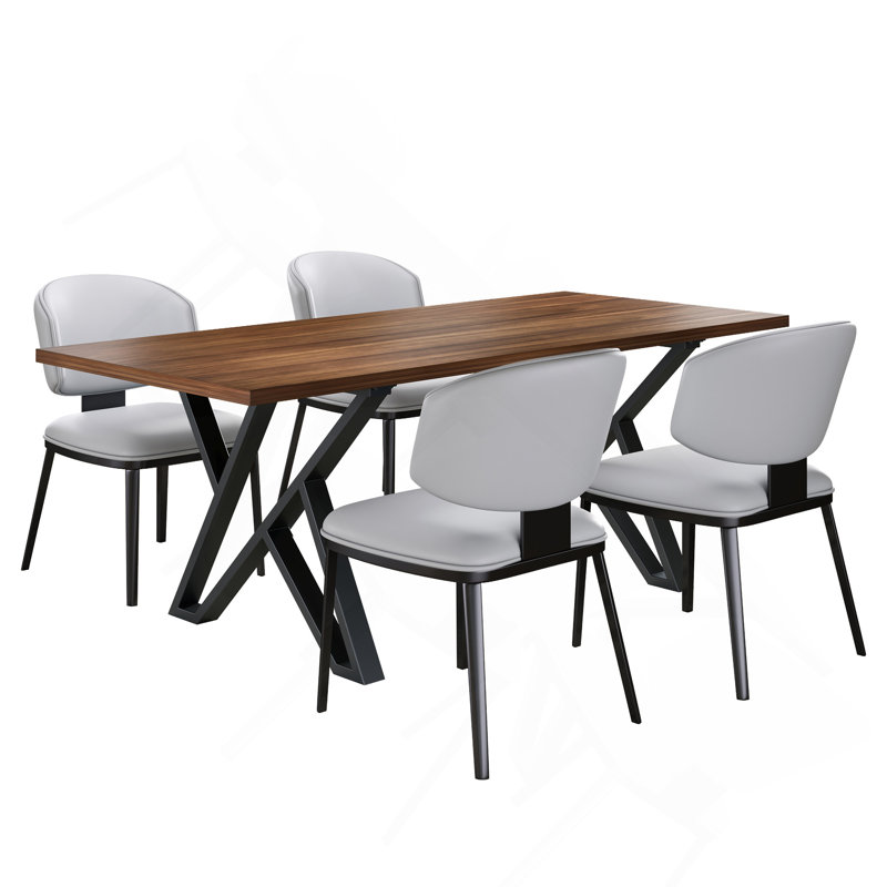Ensemble de salle à manger 5 pièces moderne en similicuir et métal, gris + noir + noyer, Gris