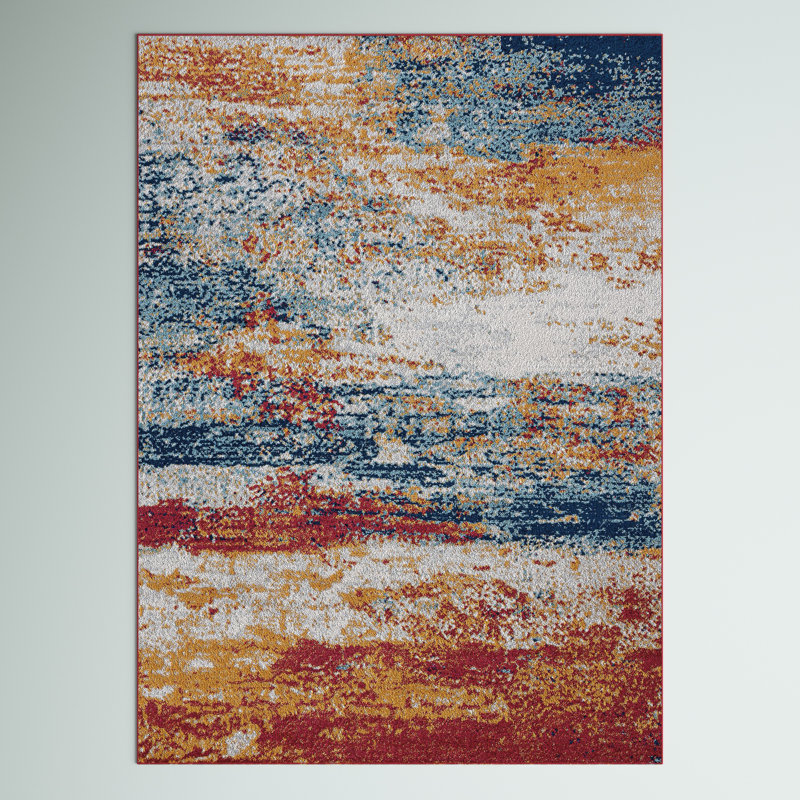 Tapis d'intérieur abstrait rouge / bleu / doré, Rectangle 2 pi x 3 pi