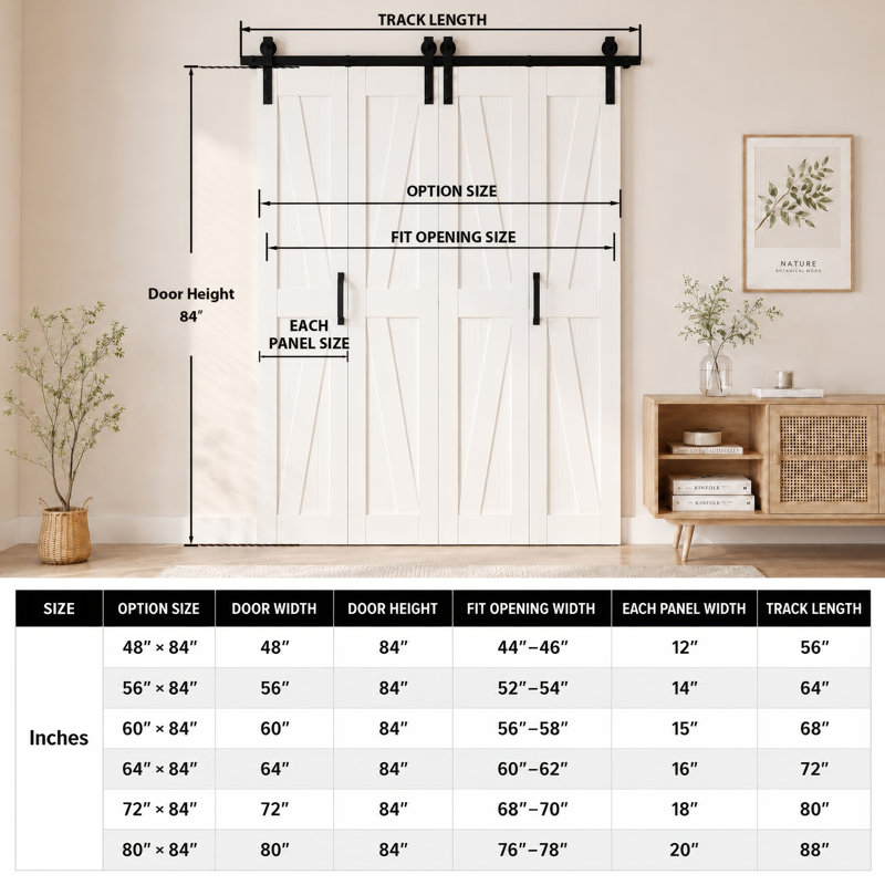 Portes de grange pliantes en bois manufacturé en forme de K 84 po avec quincaillerie d'installation, 48 po x 84 po