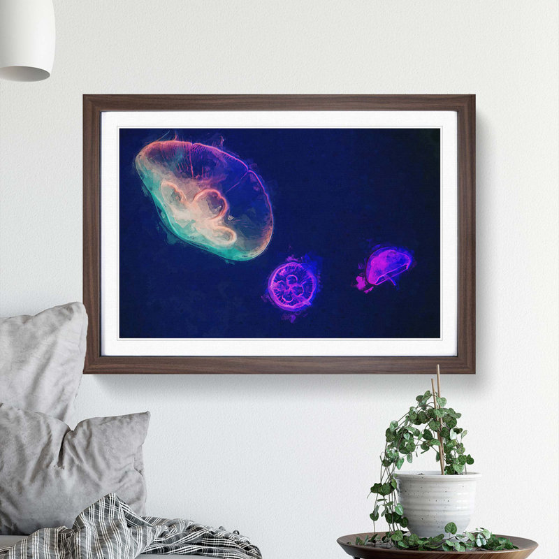Neon Jellyfish in Abstract - Framed Print, 27cm H x 36cm W x 2cm D, Walnut Framed