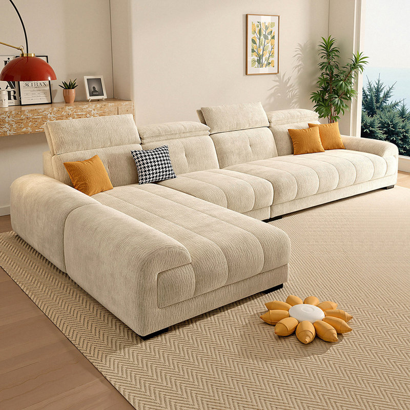 Canapé modulaire 3 pièces rembourré, Chenille crémeux / blanc, H 38,58 po x l 129,92 po x P 68,9 po, Face à la gauche