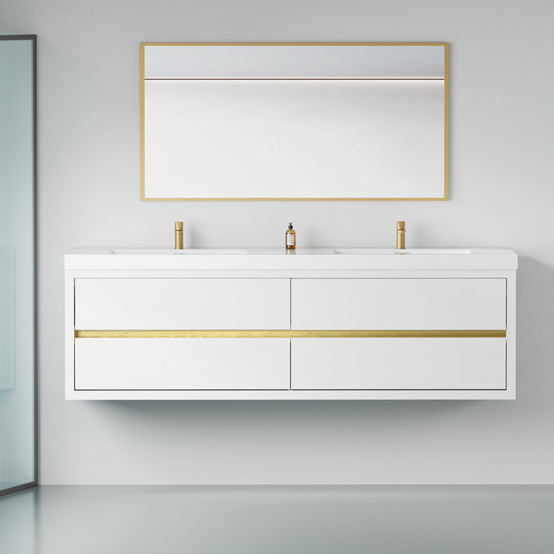 Meuble-lavabo mural 72 po avec double vasque, meuble de rangement flottant pour salle de bain avec comptoir en résine de pierre et tiroirs à fermeture en douceur