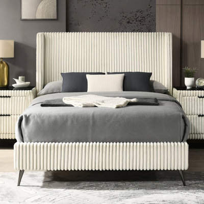 Cream Colored Queen Bed - Soft Wide Wale Corduroy Upholstery, Stylish Wing Back Headboard, Modern Bedroom Setup, 4 Wooden Slats Sized Luxurious Comfortable Design,