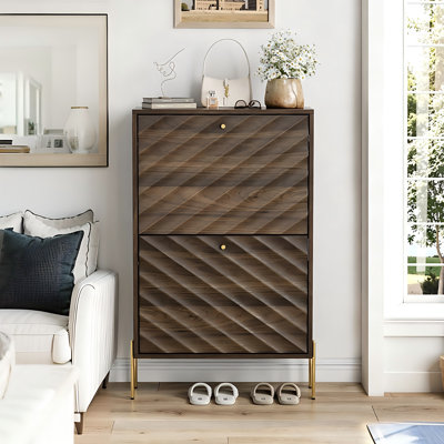 Shoe Cabinet Storage, Mid-Century Modern Walnut Shoe Cabinet, 23.6" Freestanding Organizer With Metal Legs For Entryway, Hallway & Foyer