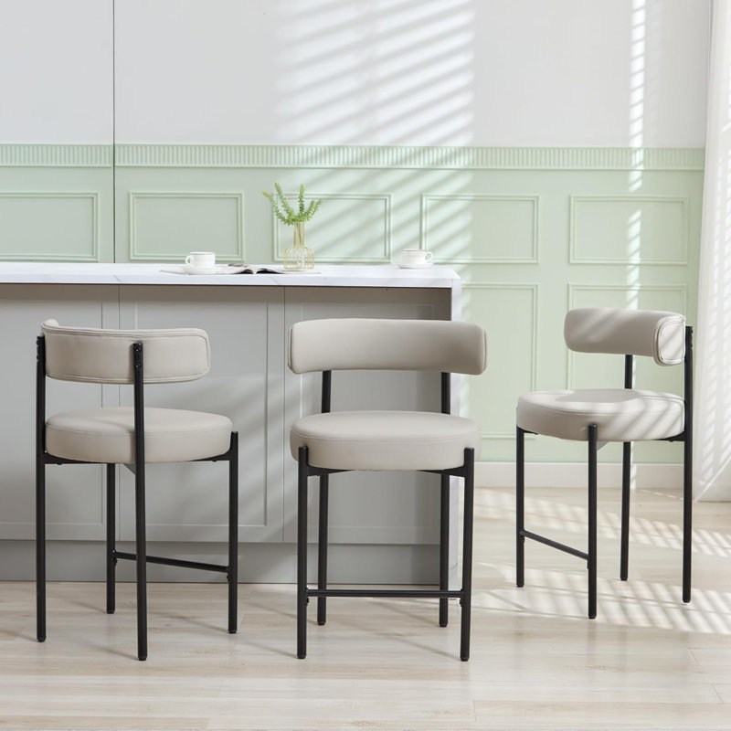 Tabouret de comptoir à dossier bas 24 po Najira, Noir, noir, noir, noir, Similicuir beige / gris, 3