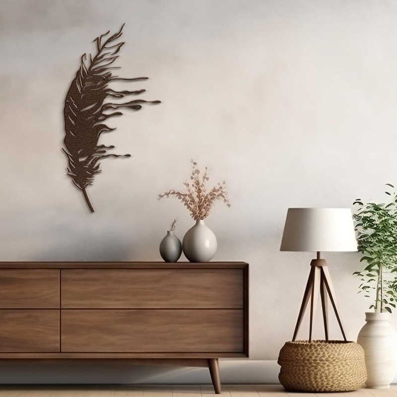 Décoration murale en métal à motif abstrait feuille abstraite, H 30 po x l 15,46 po x P 0,05 po, Brun