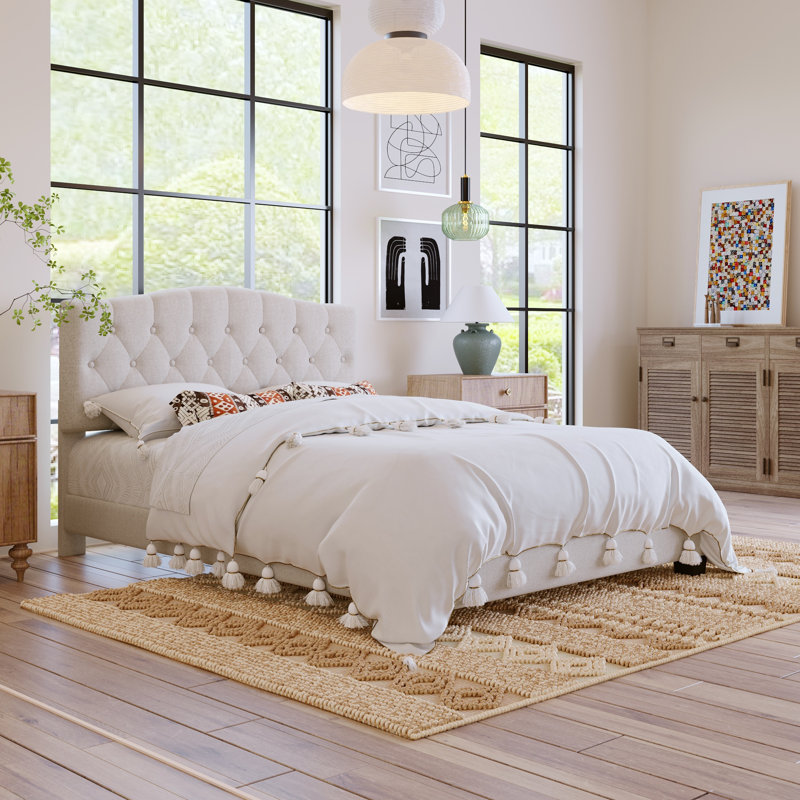 Elegant Upholstered Platform Bed with Saddle Curved Diamond Tufted Headboard, Queen Size Beige Bed Frame