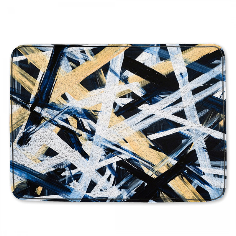 Tapis de bain abstrait, Simple - L 24 po x l 17 po, Abstrait bleu / jaune / blanc
