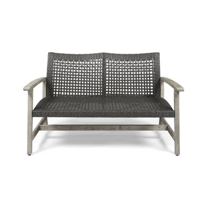 Solid Acacia Wood Outdoor Loveseat, Hand-Woven PE Wicker 2-Seat Patio Conversation Sofa with Reinforced Iron Seat Frame for Backyard Garden Balcony