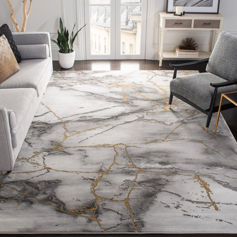 Tapis gris et or à motif abstrait Swindle, Rectangle 8 pi x 10 pi