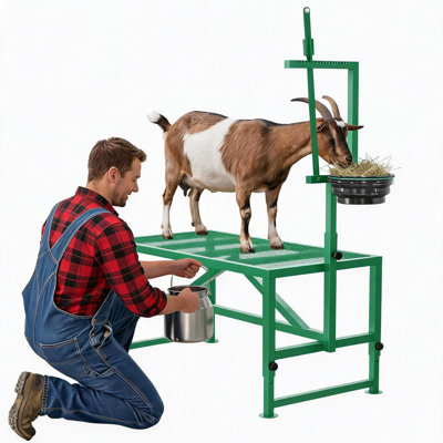 600 lb Heavy-Duty Goat Milking Stand & Grooming Table - 47" Adjustable Stanchion with Headpiece, Feed Bin & Adjustable Legs - For Shearing, Hoof Trimming & Exams - Green (PANTONE 555C)