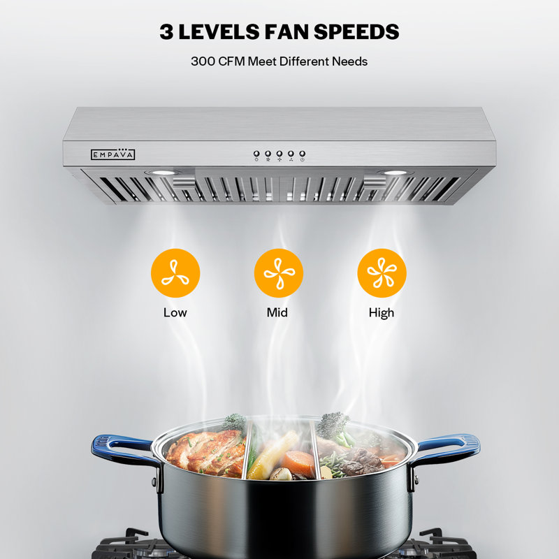 Hotte sous un meuble sans conduit de 30 pouces, 300 pi³ / min pour cuisine compacte avec commandes à bouton-poussoir Ultrathin Series - Filtre à charbon - Ventilateurs à 3 vitesses en acier inoxydable