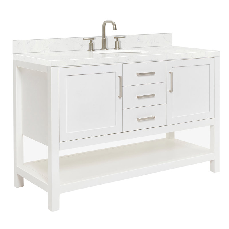 Single Bathroom Vanity with Carrara Quartz Top, White, 54"