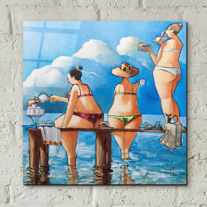 Art mural en verre épique «Tea Break On The Jetty» par Ronald West, 12 po x 12 po