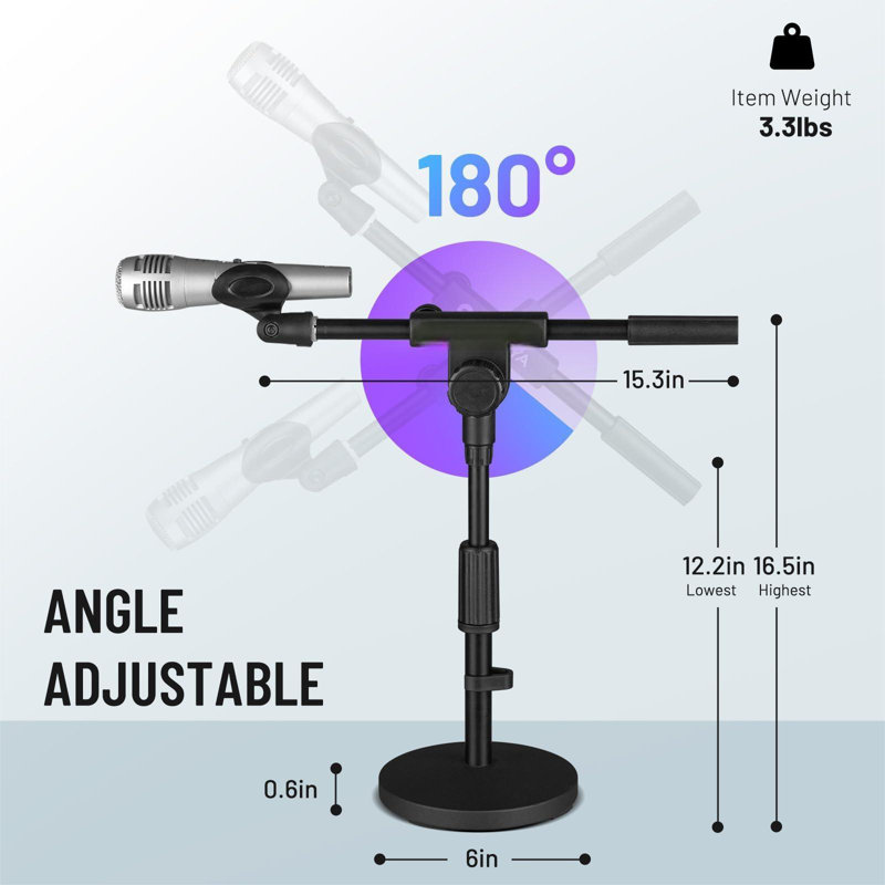 Support de microphone réglable pour bureau: support pour bras de micro avec 2 pinces et support de table en métal renforcé avec adaptateur de vis de 3/8 po à 5/8 po pour scène de mariage chantante noire