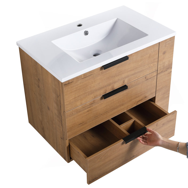 Meuble-lavabo mural 30 po avec lavabo, tiroir à fermeture en douceur et tablette latérale