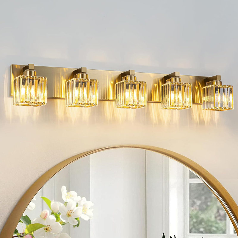 Luminaire pour meuble-lavabo de salle de bain Modern Gold Crystal, Doré, H 6,3 po x l 35,43 po x P 6,3 po, 5 lumières