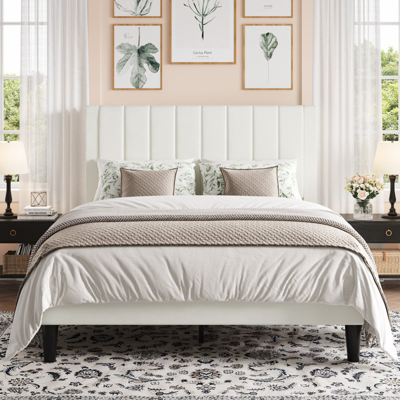 Velvet Upholstered Platform Bed With Headboard & Wooden Slats, White, Queen
