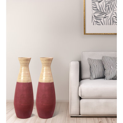 Set Of 2 31.5 Inch Tall Handcrafted Bamboo Floor Vase, Burgundy And Natural Finish, Decorative Accent, Large Floor Vase, Sustainable Bamboo, Living Room, Dining Room, Entryway Decor, Unique Home Accent
