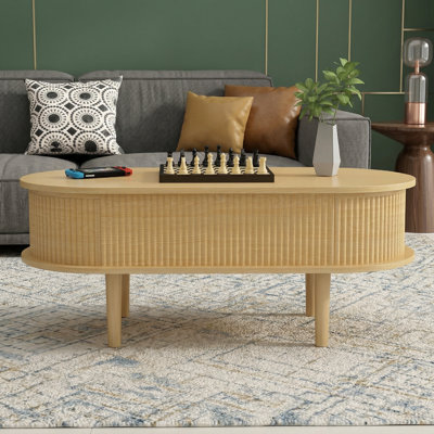 Table basse cannelée à plateau relevable avec compartiment caché, table centrale en bois, plateau de table ovale moderne pour bureau de salon à domicile