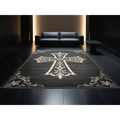 Tapis damassé classique à motif de croix templier lavable à la machine en gris - Reliure grise