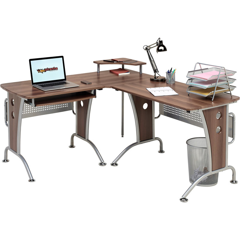Ouida L-Shaped Metal Base Computer Desk, Dark Walnut