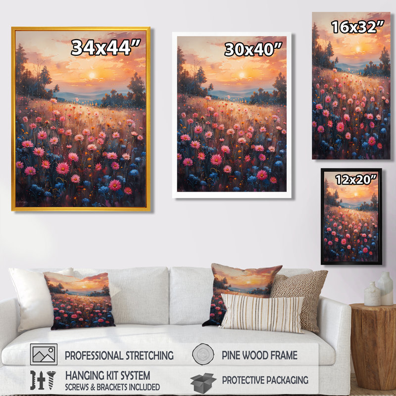  «Blue Blue Cornflowers Summer Sunset - Décoration murale bleuets, H 32 po x l 24 po x P 1 po, Toile encadrée noire simple