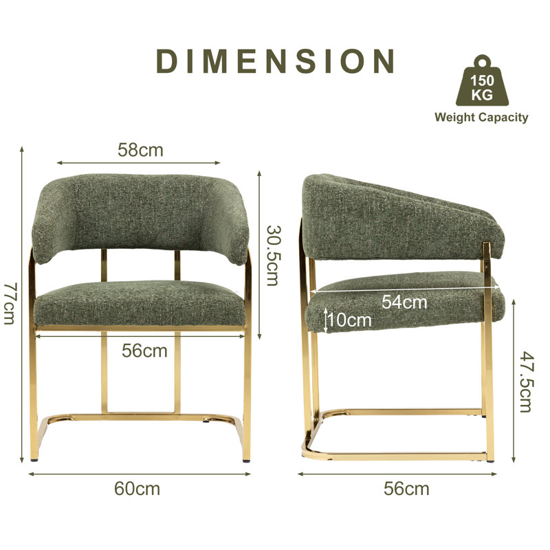 56CM Wide Modern Metal Frame Chenille Upholstered Armchair Dining chair, Green