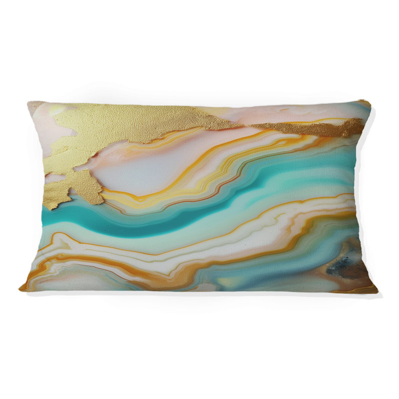 Coussin décoratif liquide à motif d'agate turquoise et bleu doré II