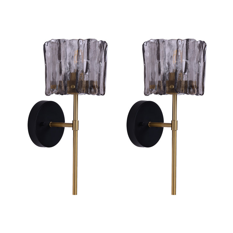 Modern Glass Vanity Light With Brass Accents(Set of 2), 1, 15.4" H x 6" W x 6" D, Gray