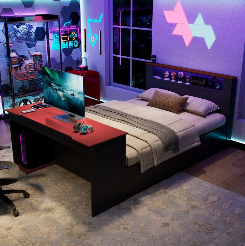 Full Size Wood Daybed with Twin Size Trundle,Desk,LED light and USB,Black+Red, Full/Double, Black/Red