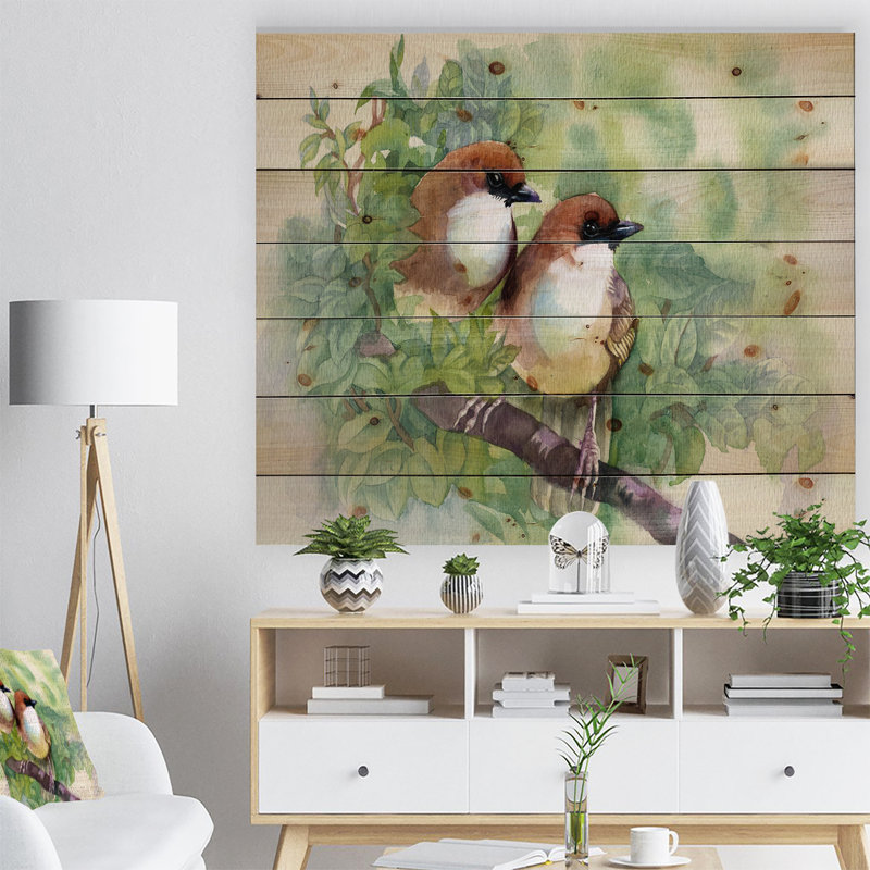 Oiseaux du printemps - Décoration murale traditionnelle en bois - Bois de pin naturel, H 16 po x l 32 po x P 1 po