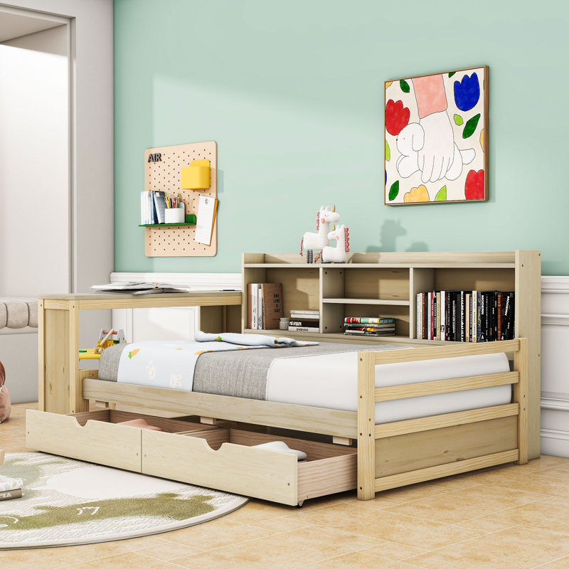 Twin Size Wooden Daybed with Built-in Bookcase and Desk,Drawers, Natural