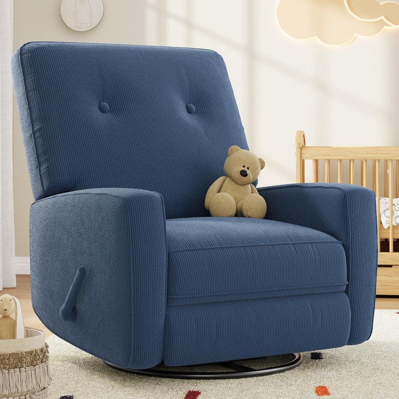 Nursery Recliner Chair, 360° Swivel Rocking Glider with Adjustable Backrest & Footrest, Corduroy Upholstery, Blue