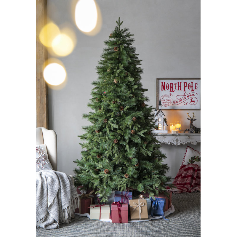 7-Foot White Pre-Lit Pine Christmas Tree with Faux Pinecones