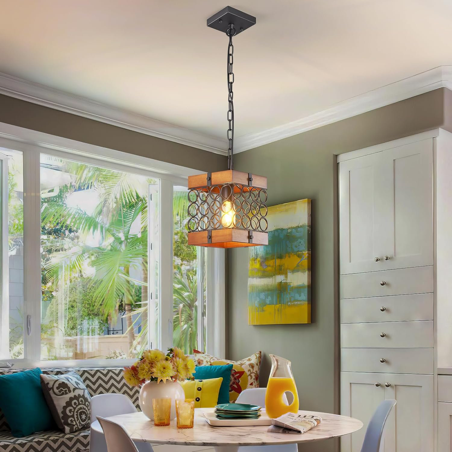 Square Wooden Island Lights 1-Light Wood Black Metal Square