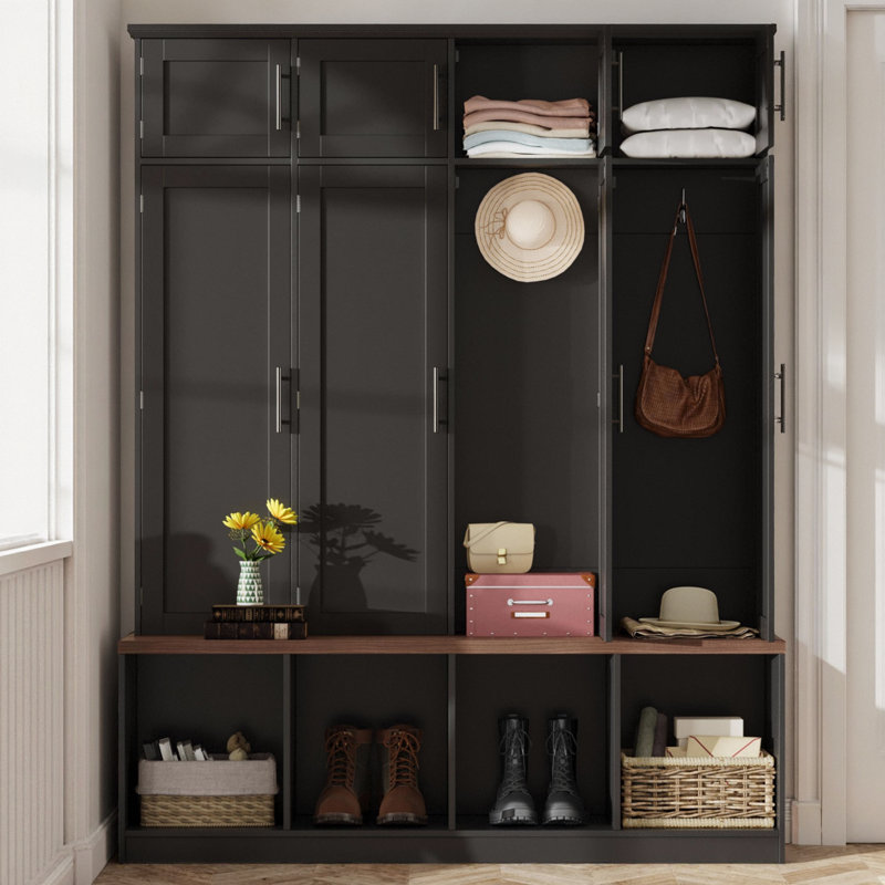 75" Farmhouse Hall Tree with 4 Hidden Hooks, 8 Shoe Doors, 4 Open Cubbies, 180 lb Bench, Anti-Tip Kit, Mudroom Entryway