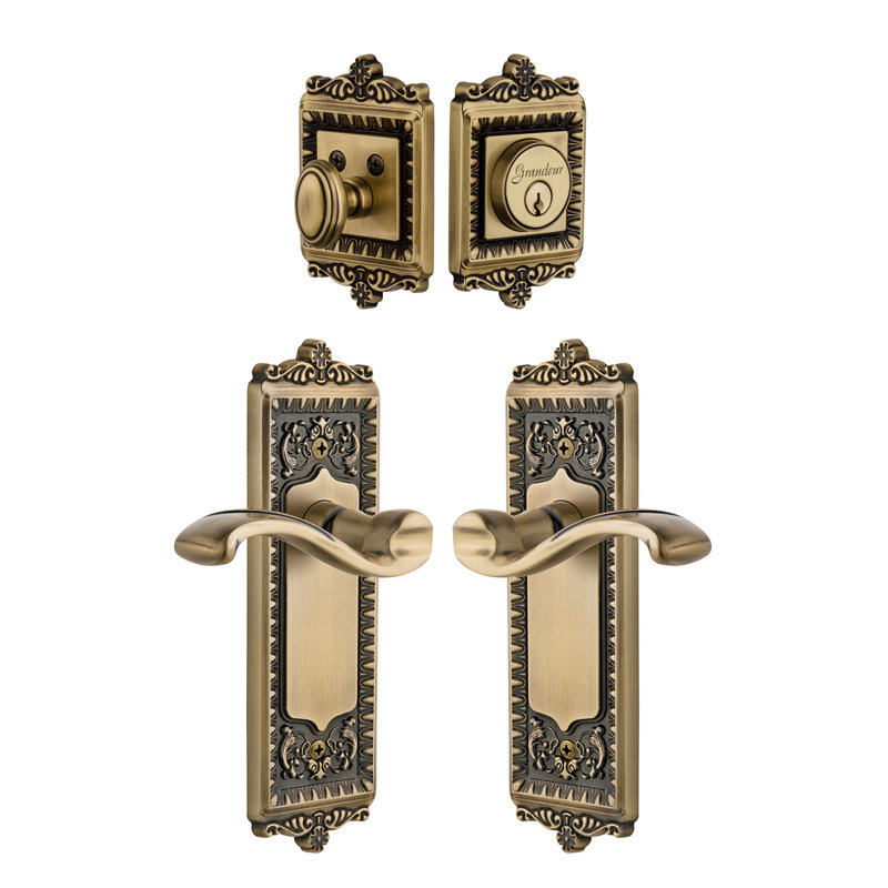 Windsor Long Plate Complete Entry Set with Single Cylinder Deadbolot and Portofino Lever, Vintage Brass